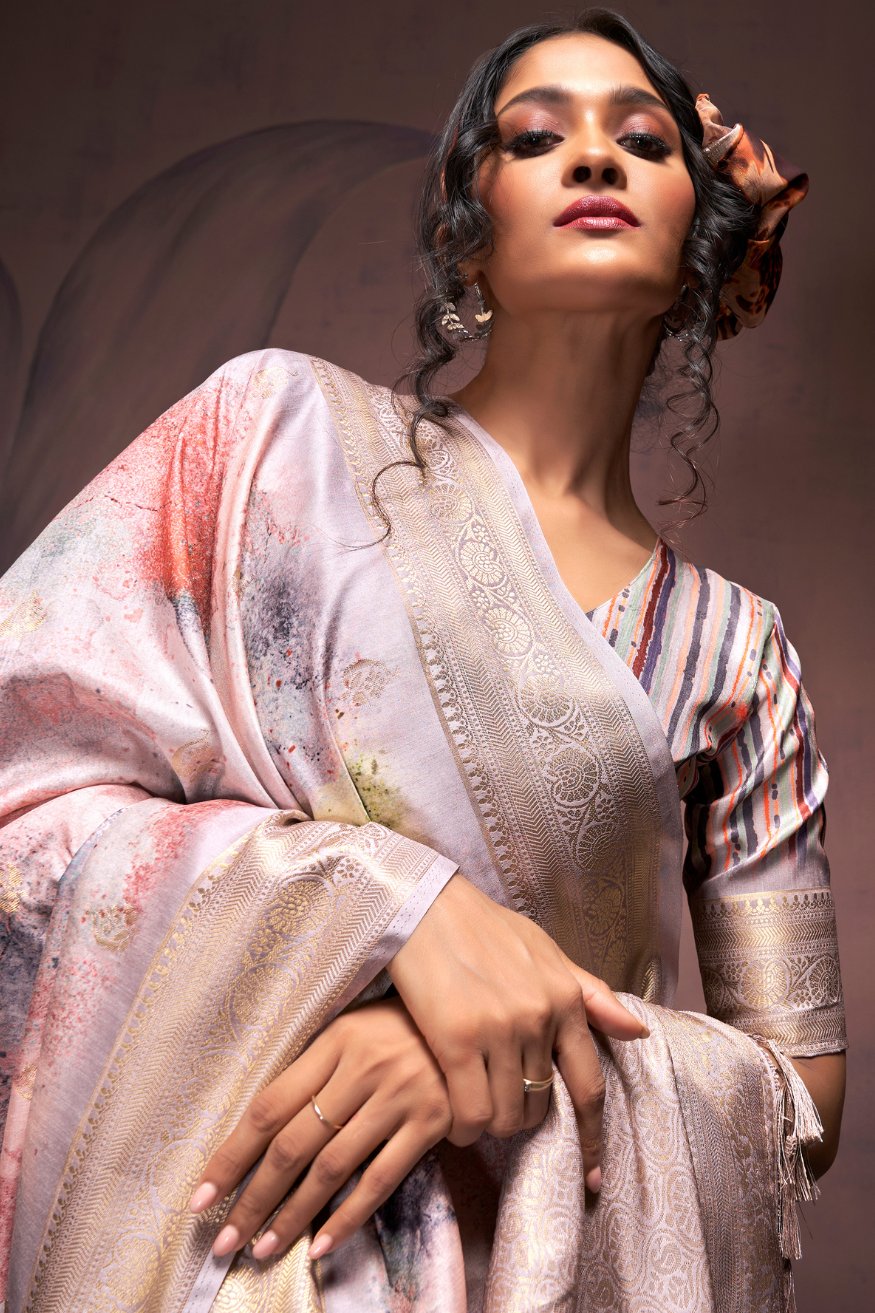 Twilight Grey and Pink Banarasi Digital Printed Silk Saree