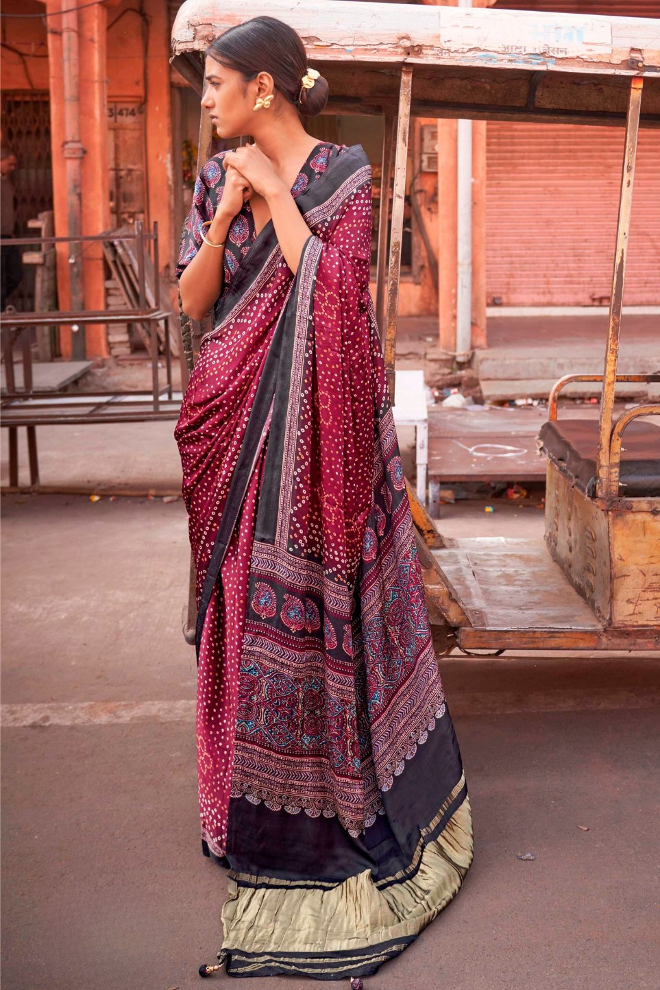 Big Dip O Ruby Maroon Bandhani Ajrakh Pure Handmade Saree