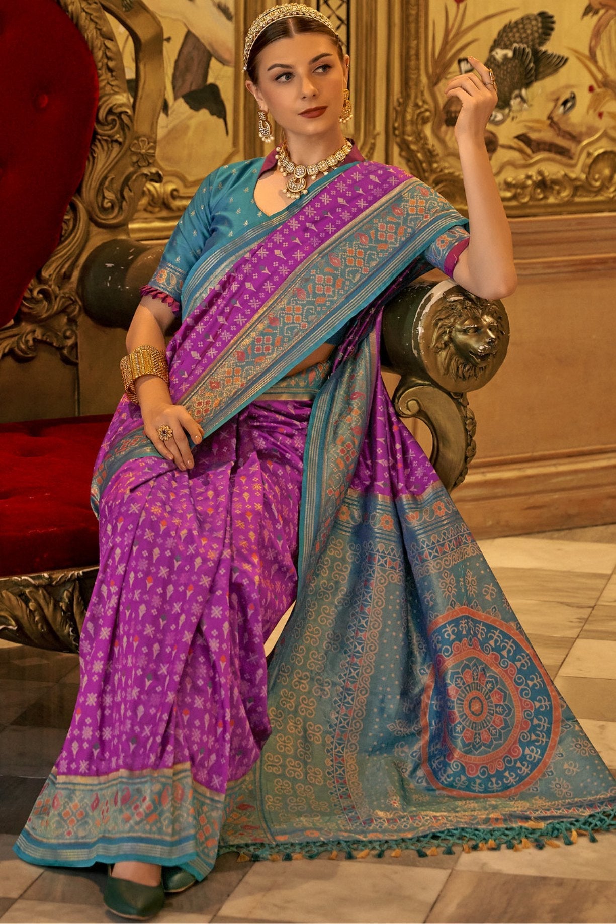 Hopbush Purple Woven Patola Silk Saree