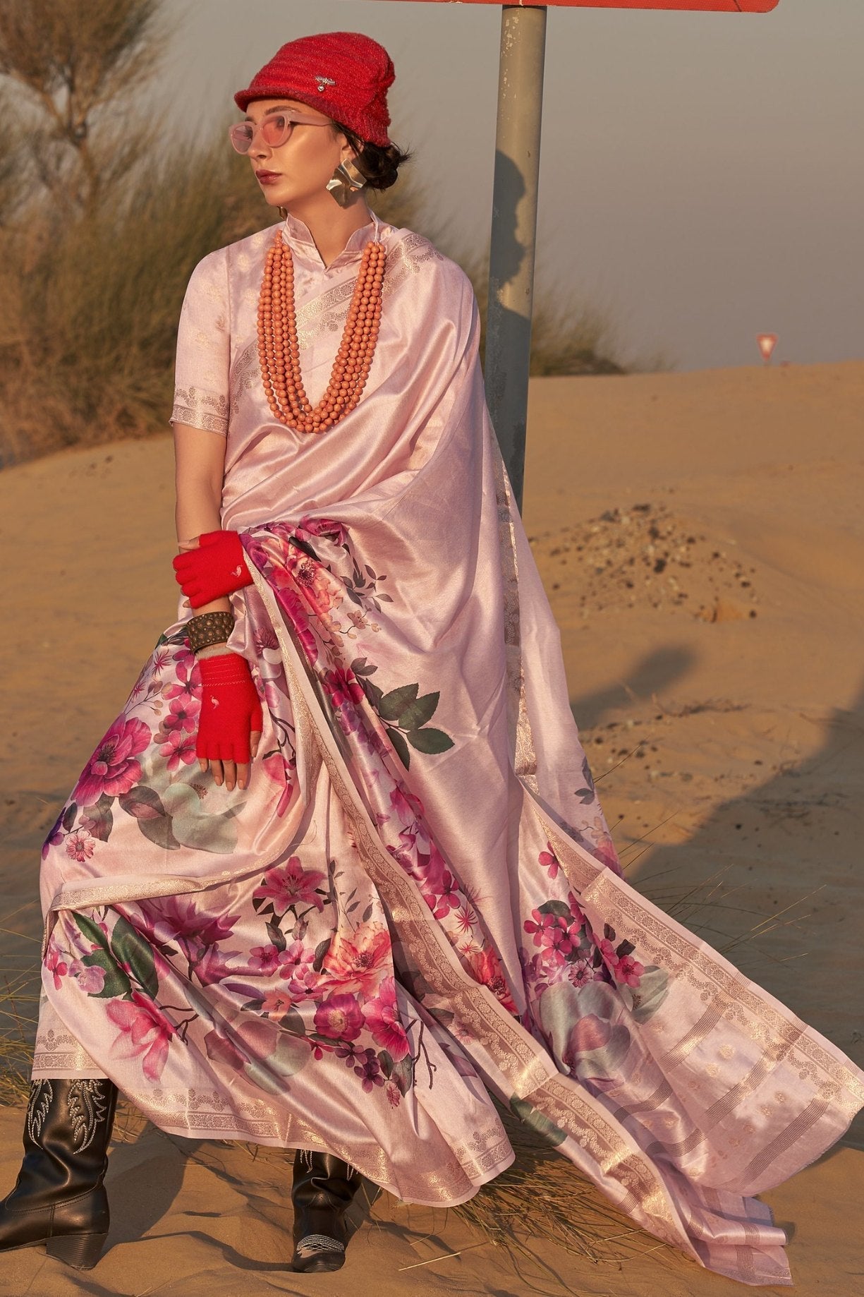 Old Rose Pink Printed Tussar Silk Saree