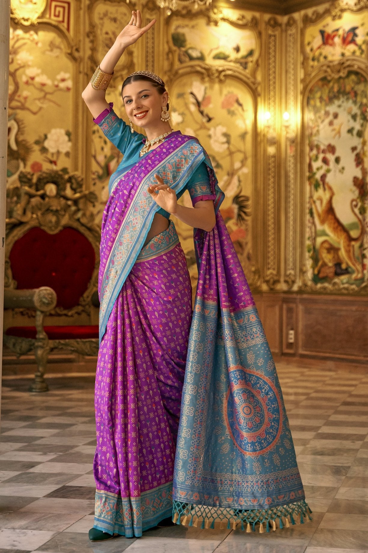 Hopbush Purple Woven Patola Silk Saree