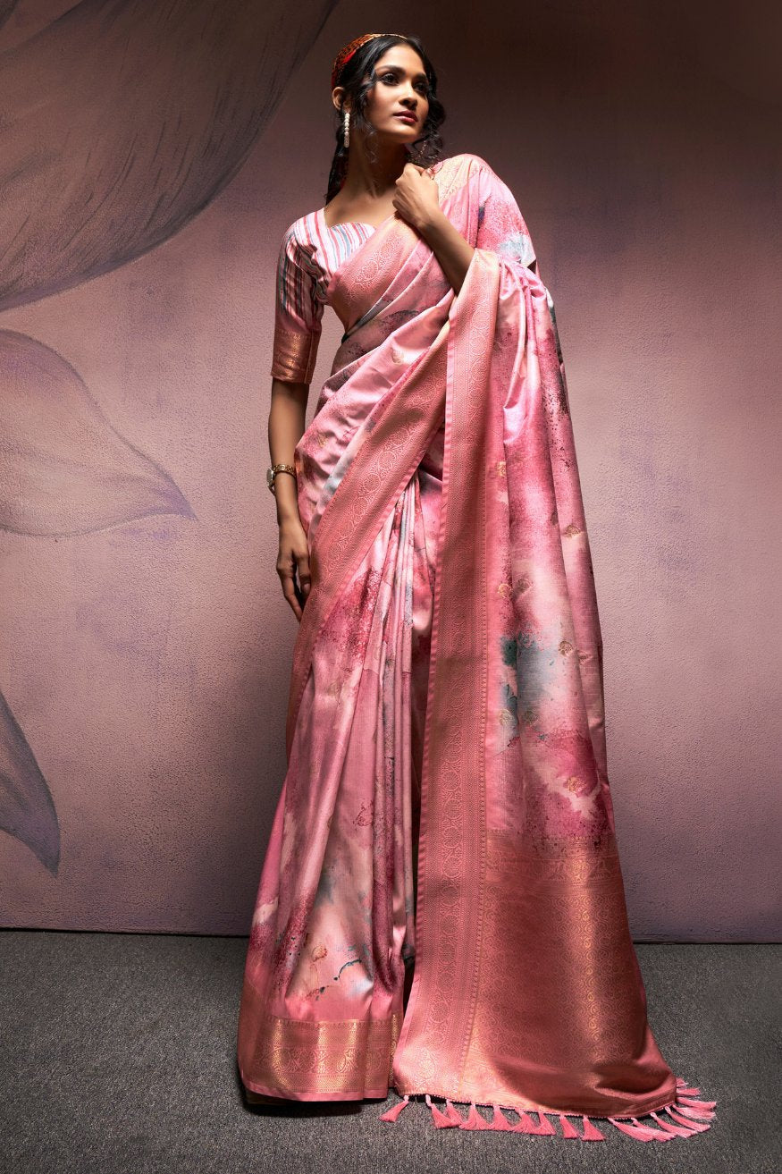 Pink Sherbert Banarasi Digital Printed Silk Saree