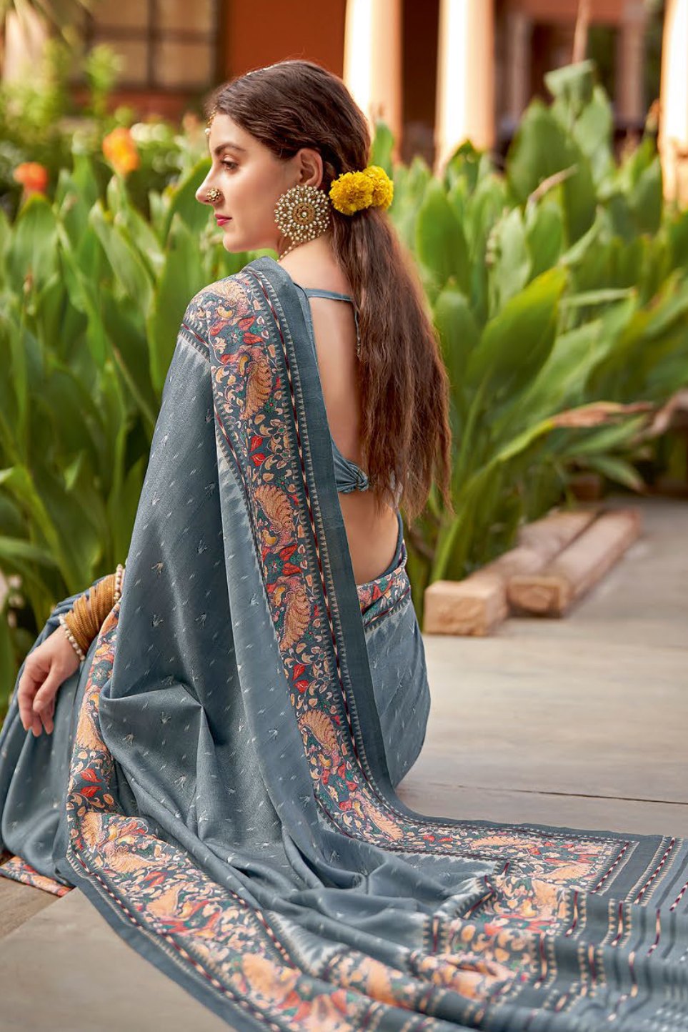 Pale Sky Grey Designer Printed Silk Saree