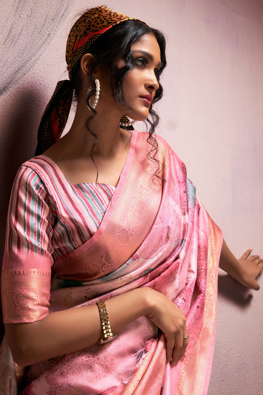 Pink Sherbert Banarasi Digital Printed Silk Saree