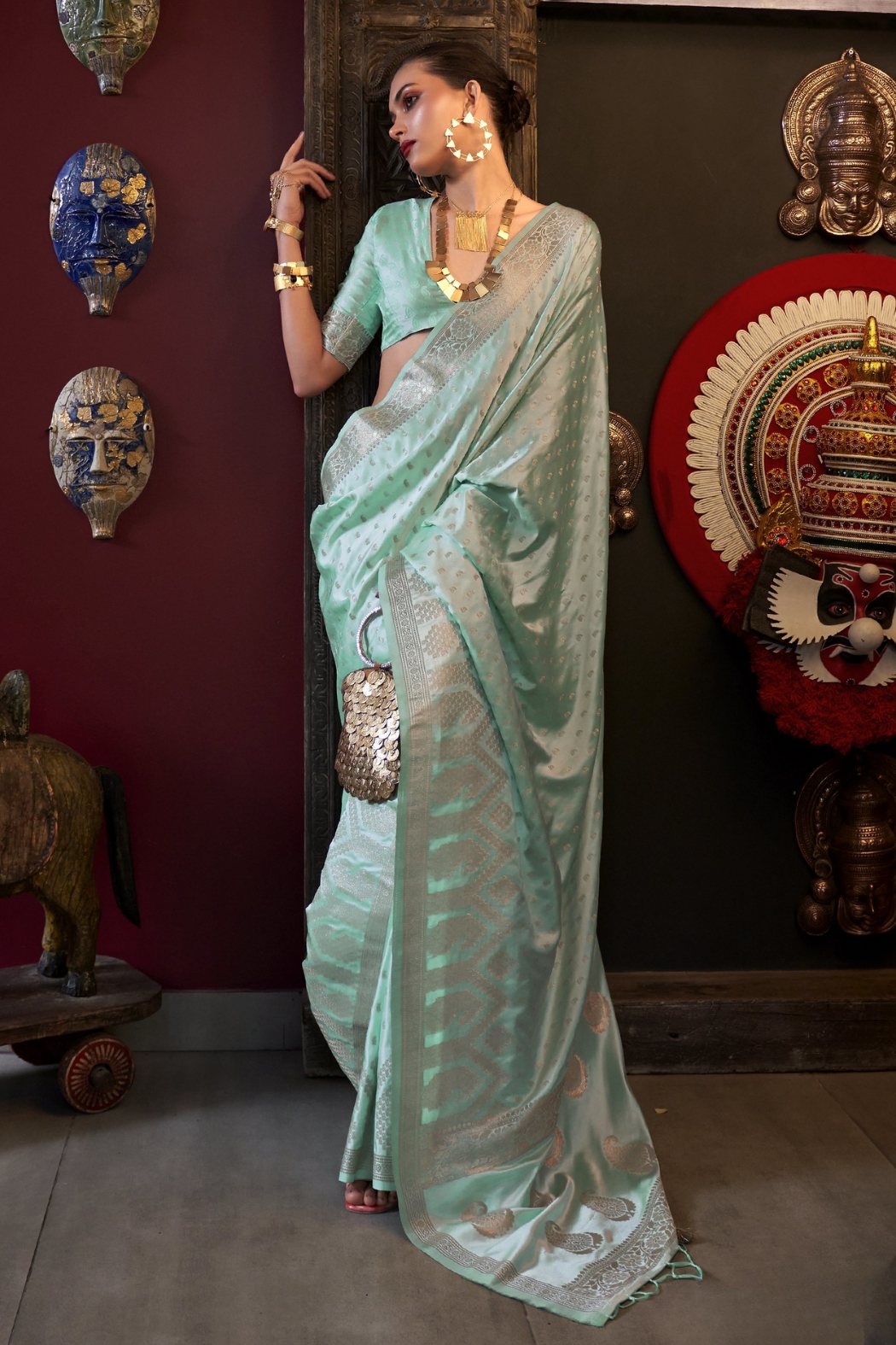 Opal Green Banarasi Handloom Satin Silk saree