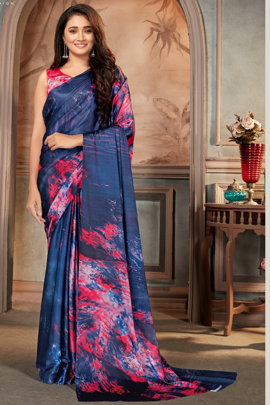 Blue Bayoux Printed Satin Crepe Saree