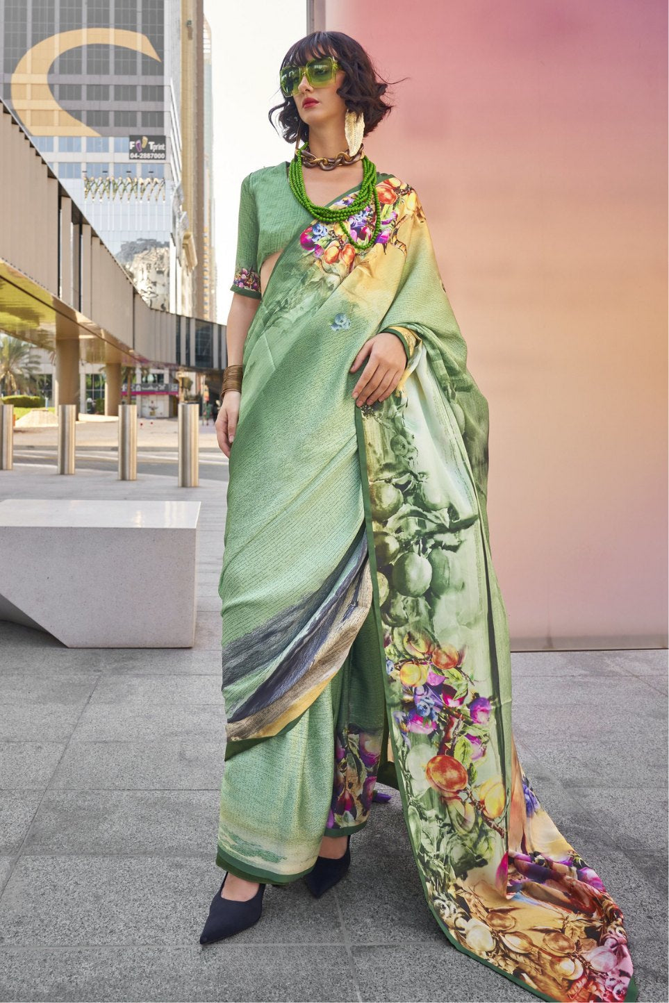 Pista Green Digital Printed Satin Silk Saree