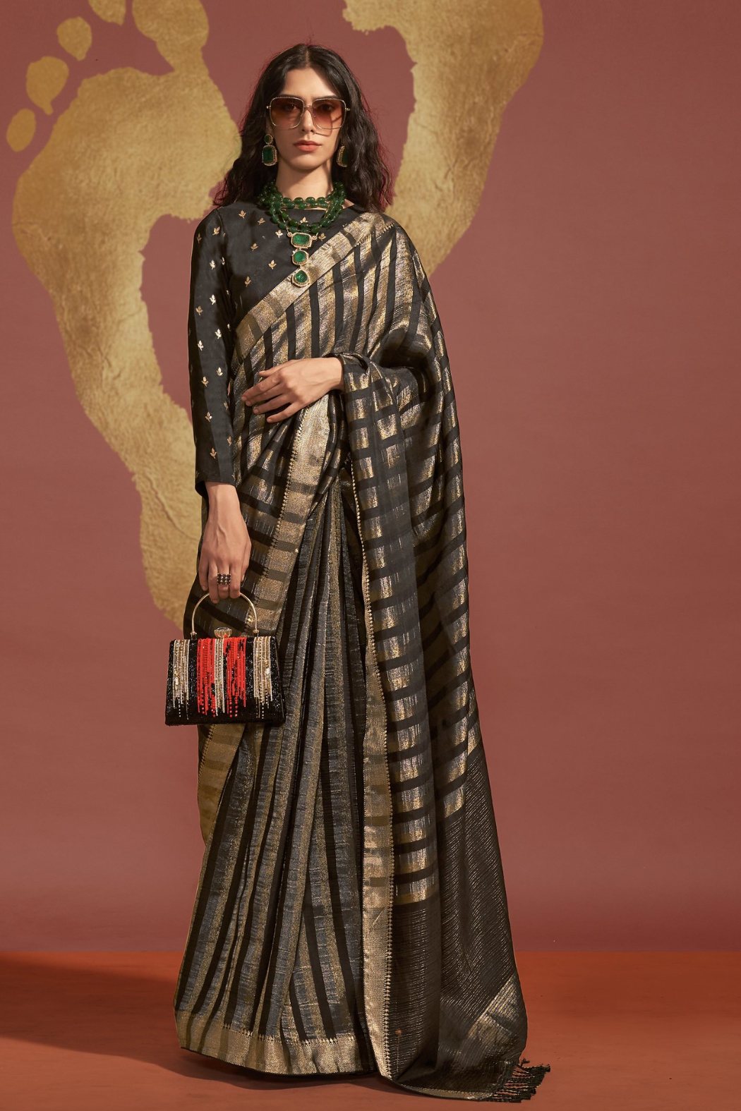 Sonali Kulkarni in Raven Black Banarasi Handloom Silk Saree