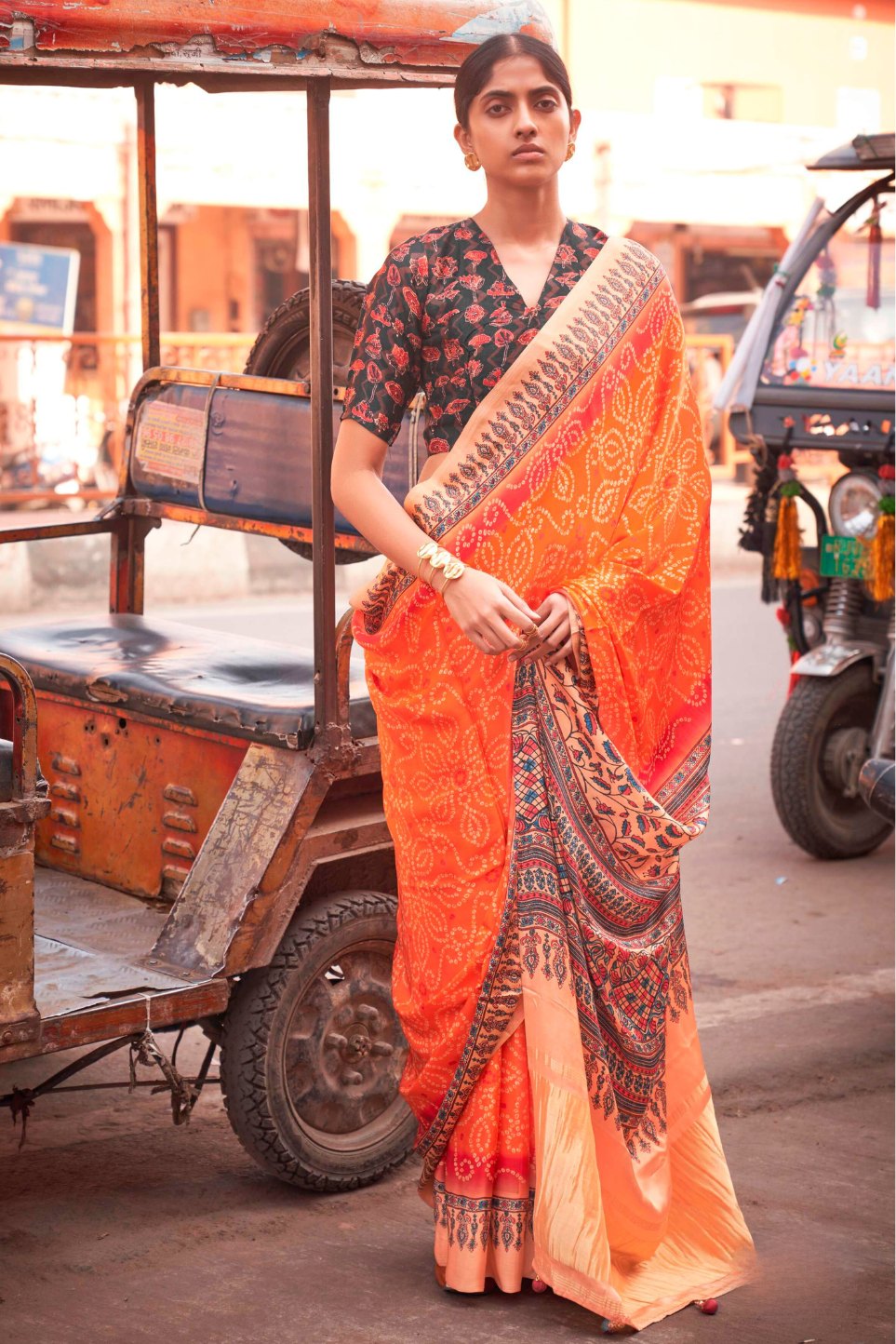 Coral Orange Bandhani Ajrakh Pure Handmade Saree