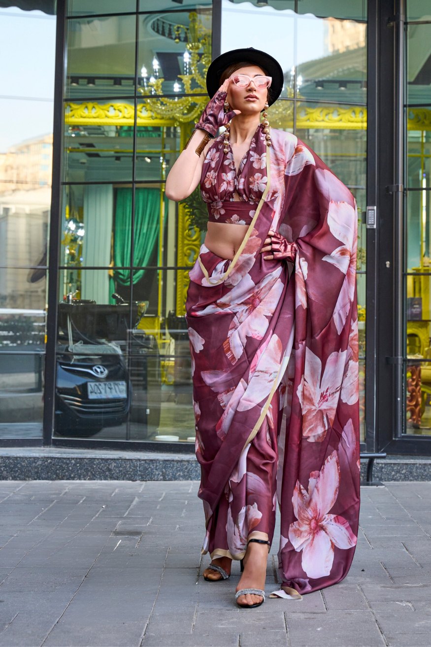 Wine Berry Purple Satin Silk Saree