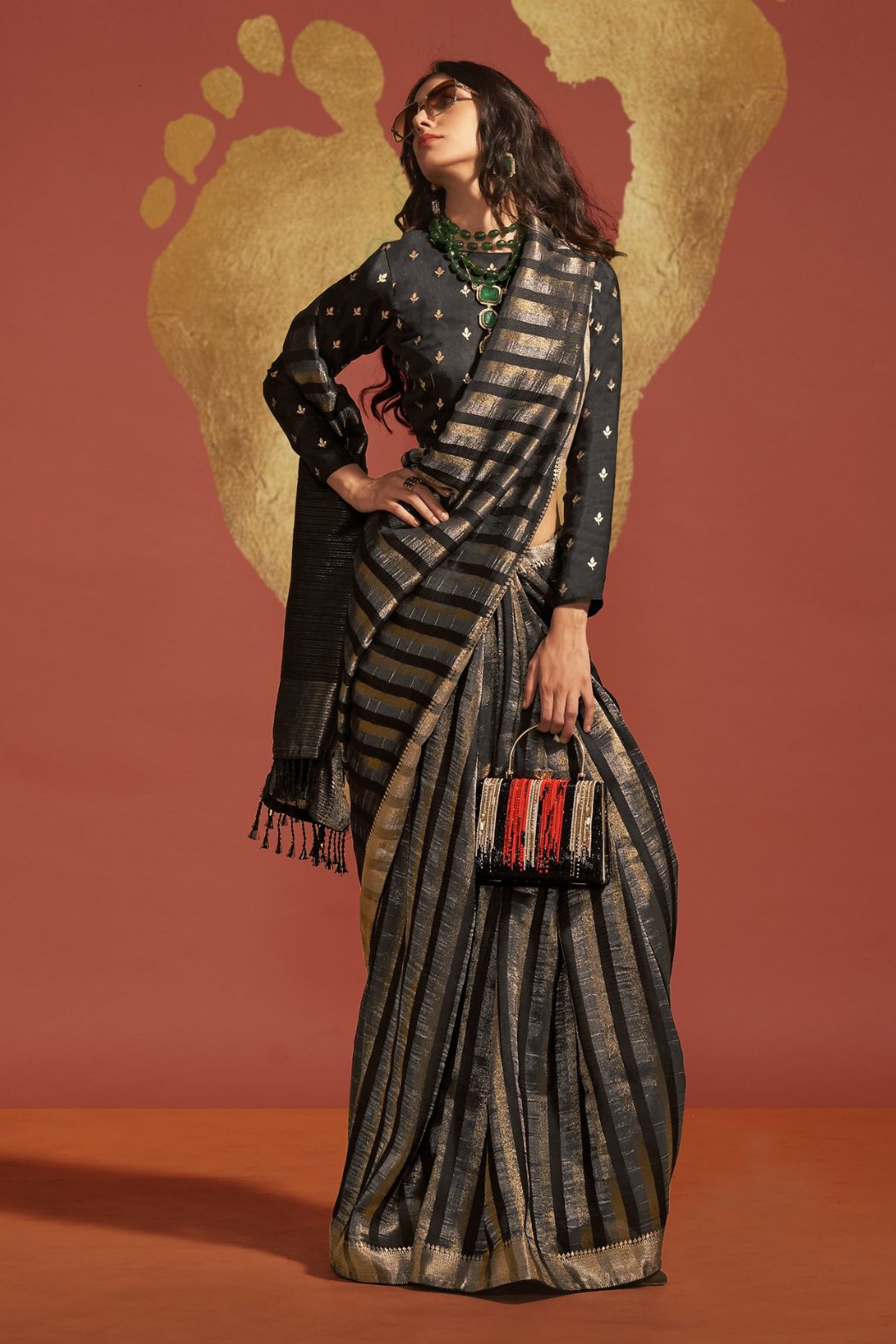 Sonali Kulkarni in Raven Black Banarasi Handloom Silk Saree