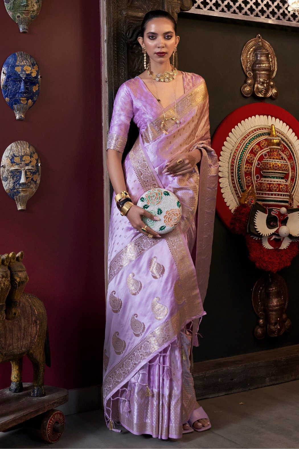 Light Wisteria Purple Banarasi Handloom Satin Silk saree