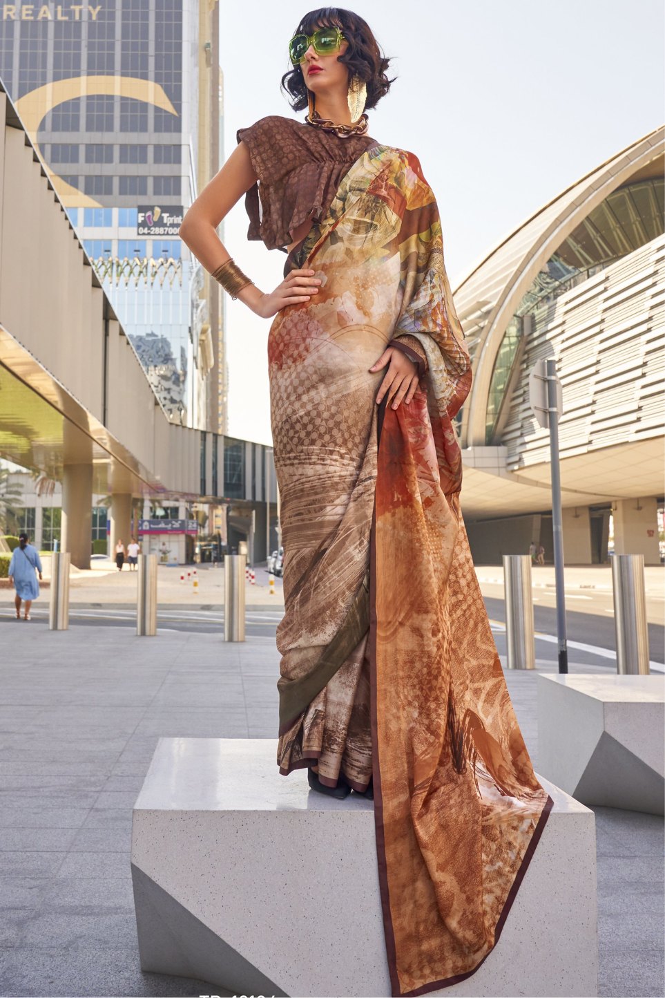 Muesli Brown Digital Printed Satin Silk Saree