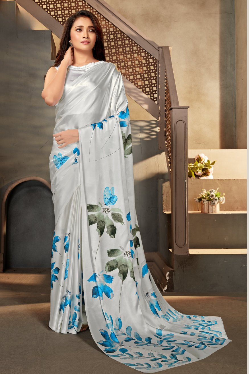 Westar White Printed Satin Crepe Saree