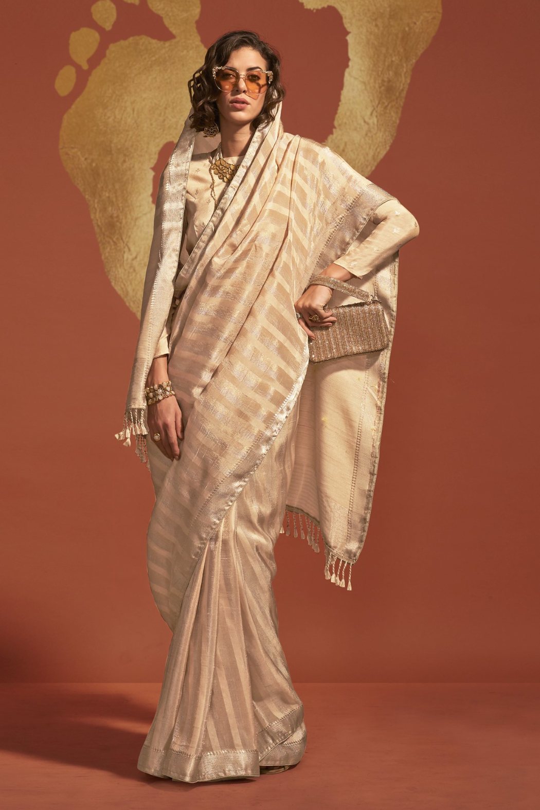 Sugar Cookie Cream Banarasi Handloom Silk Saree