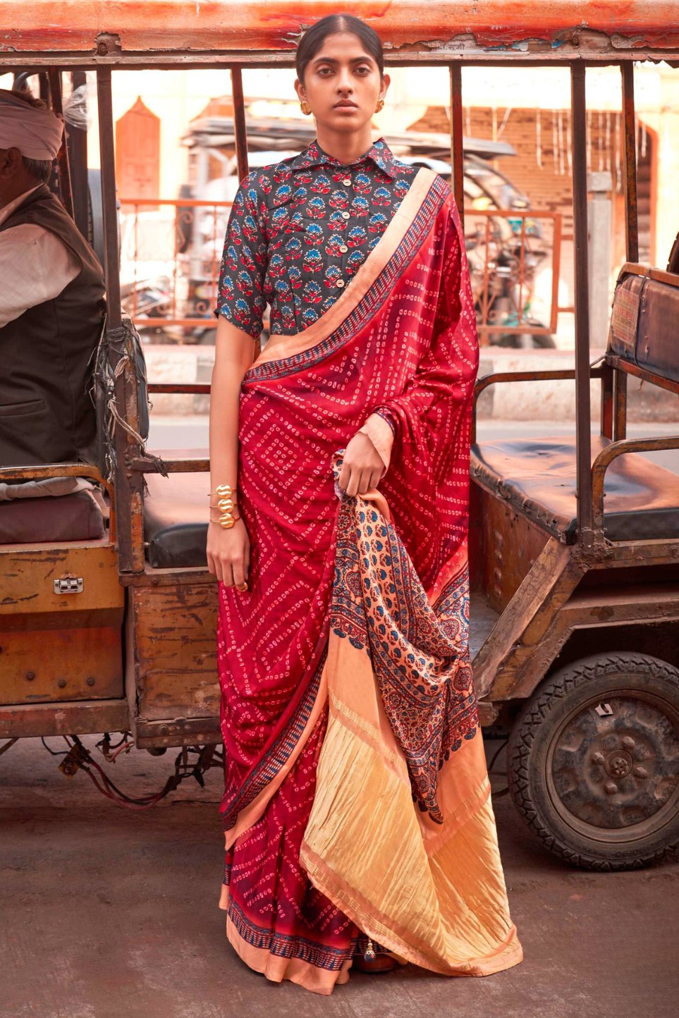 Rusty Red Bandhani Ajrakh Pure Handmade Saree