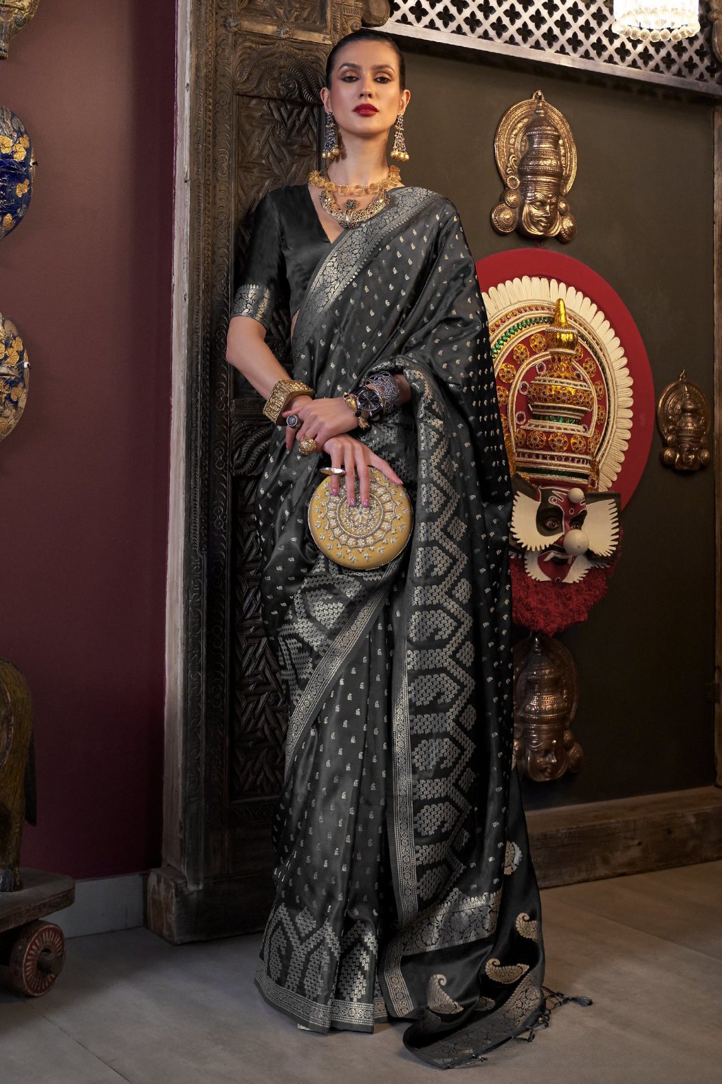 Mine Shaft Black Banarasi Handloom Satin Silk saree