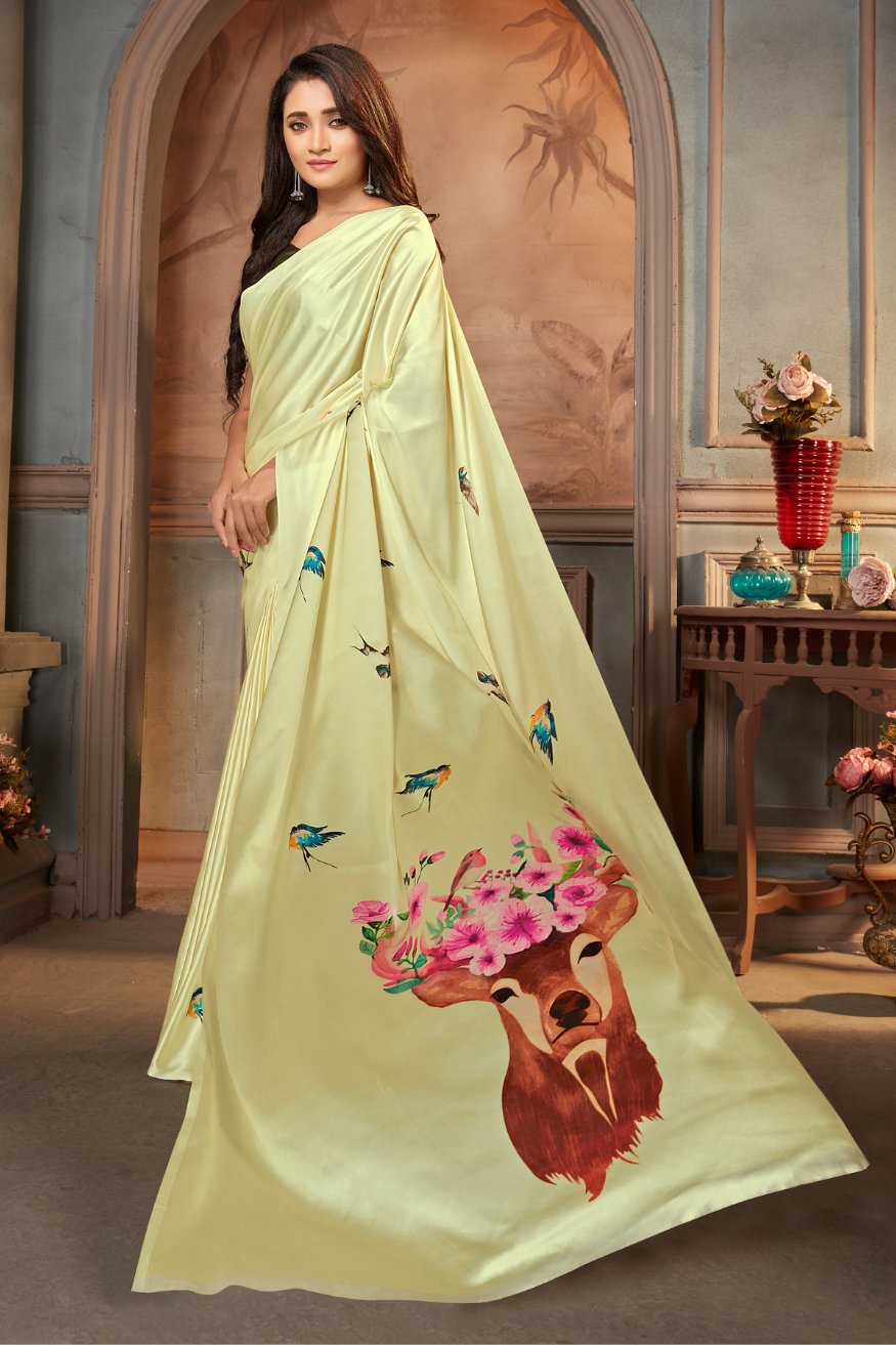 Mint Julep Yellow Printed Satin Crepe Saree