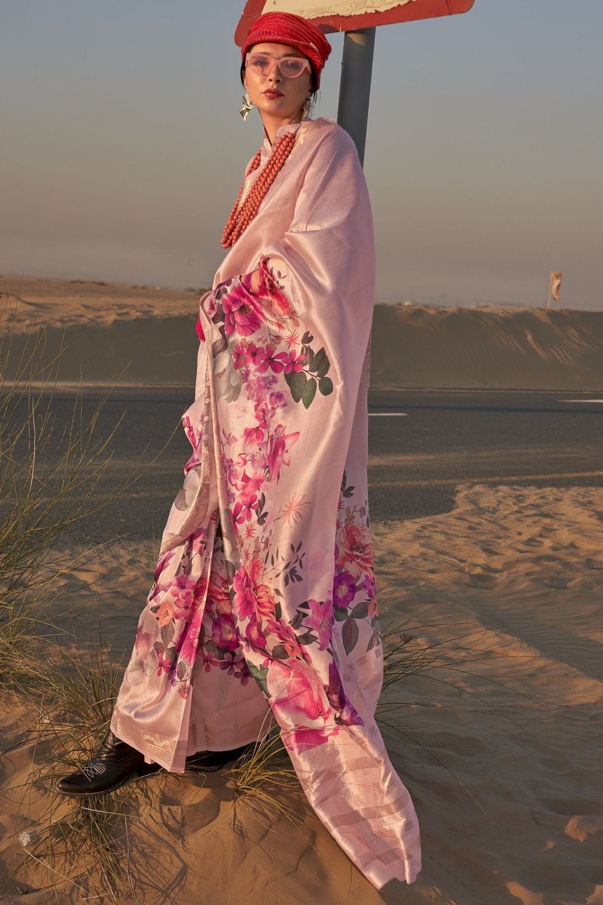 Old Rose Pink Printed Tussar Silk Saree