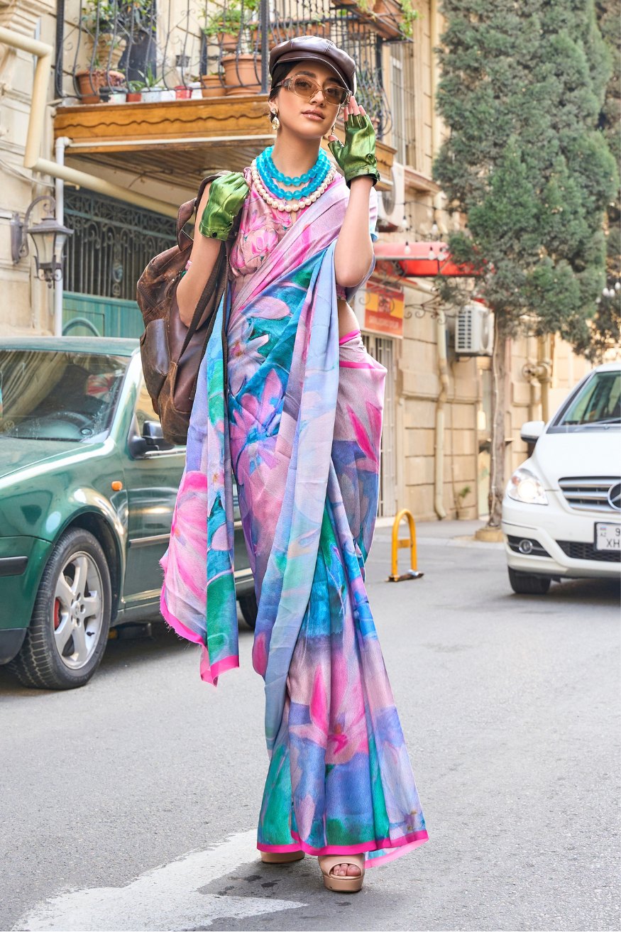 Picton Blue Satin Silk Saree