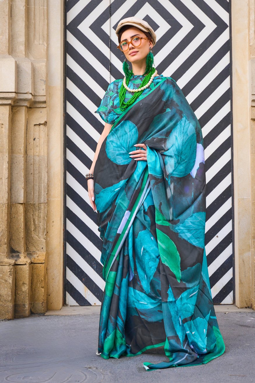 Blue Lagoon and Black Satin Silk Saree