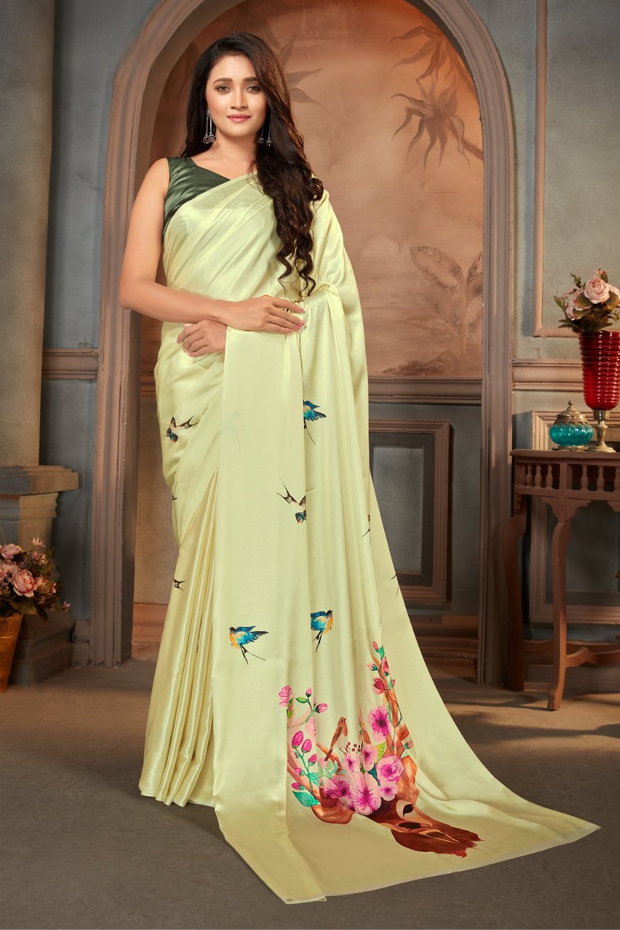 Mint Julep Yellow Printed Satin Crepe Saree