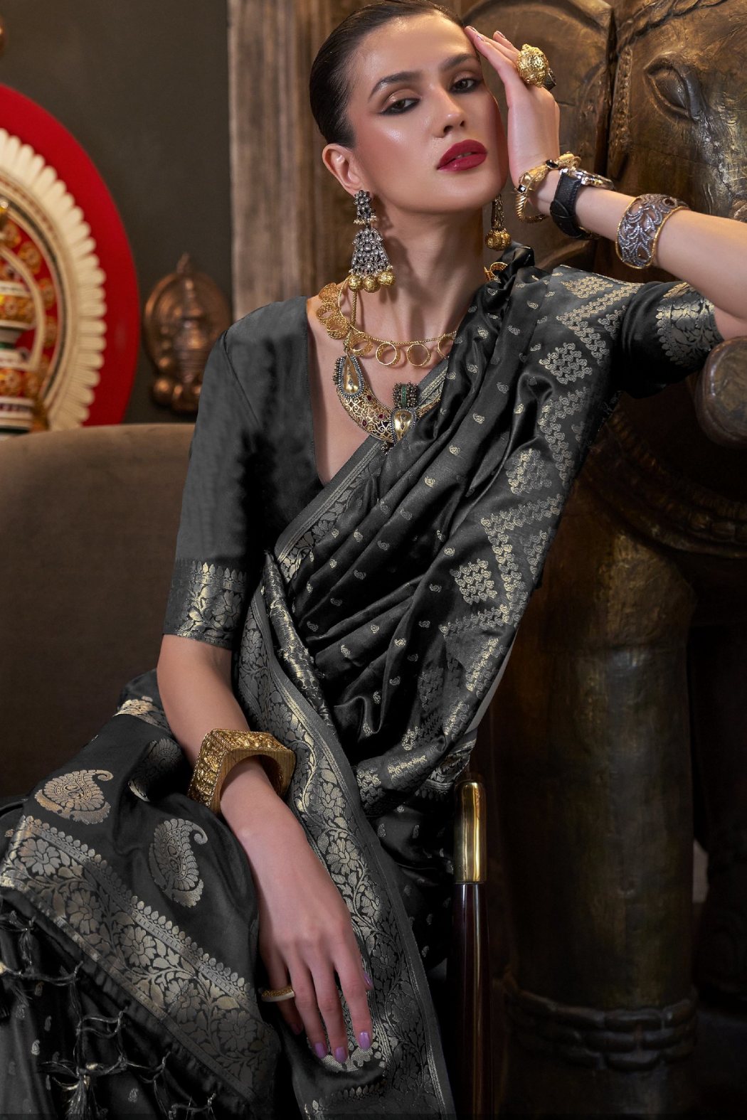 Mine Shaft Black Banarasi Handloom Satin Silk saree