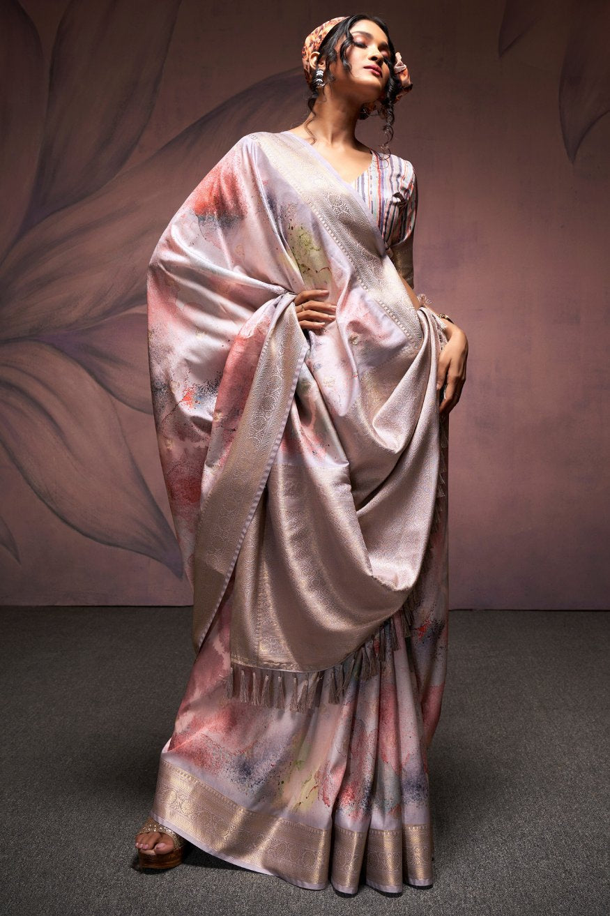 Twilight Grey and Pink Banarasi Digital Printed Silk Saree