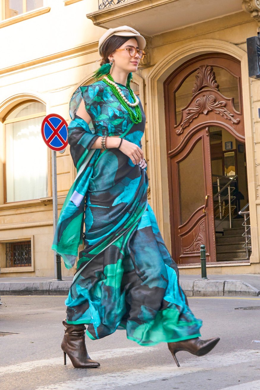 Blue Lagoon and Black Satin Silk Saree