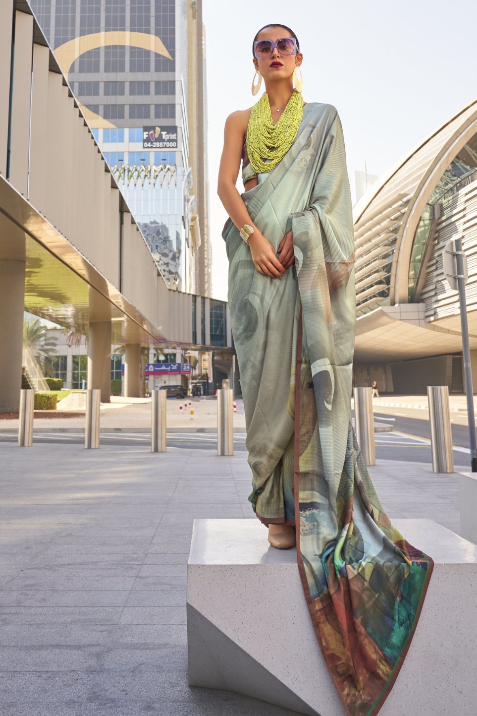 Grey Spring and Green Digital Printed Satin Silk Saree