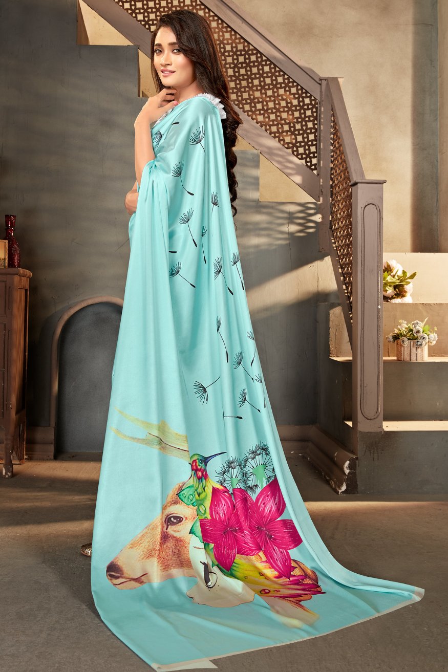 Sinbad Blue Printed Satin Crepe Saree