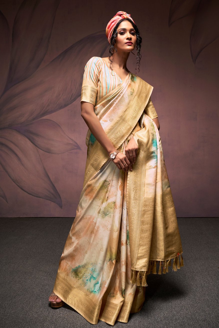 Calico Cream Banarasi Digital Printed Silk Saree