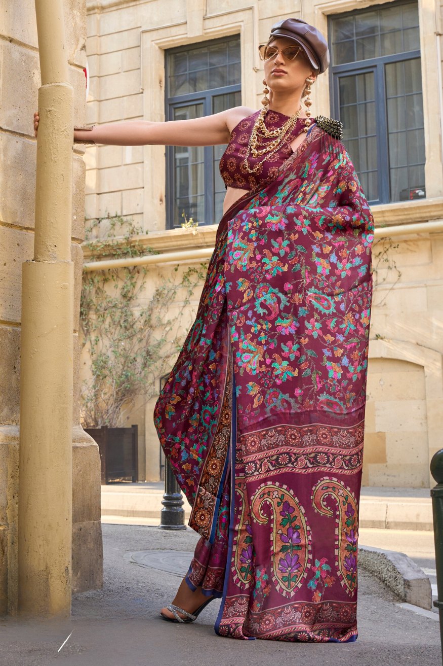 Camelot Brown Satin Silk Saree