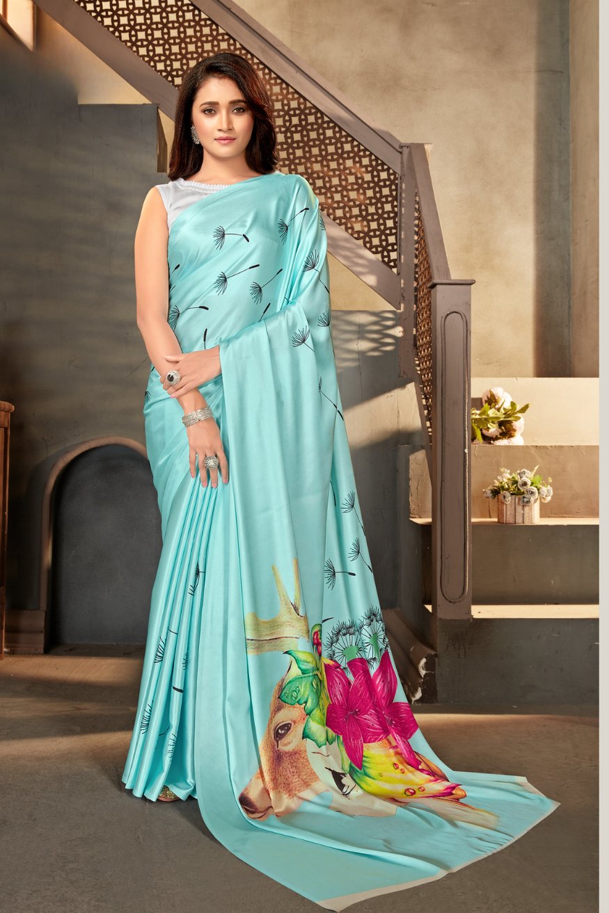 Sinbad Blue Printed Satin Crepe Saree