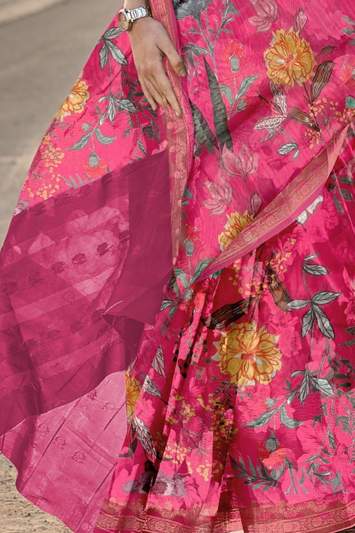 Jazzberry Jam Pink Printed Tussar Silk Saree