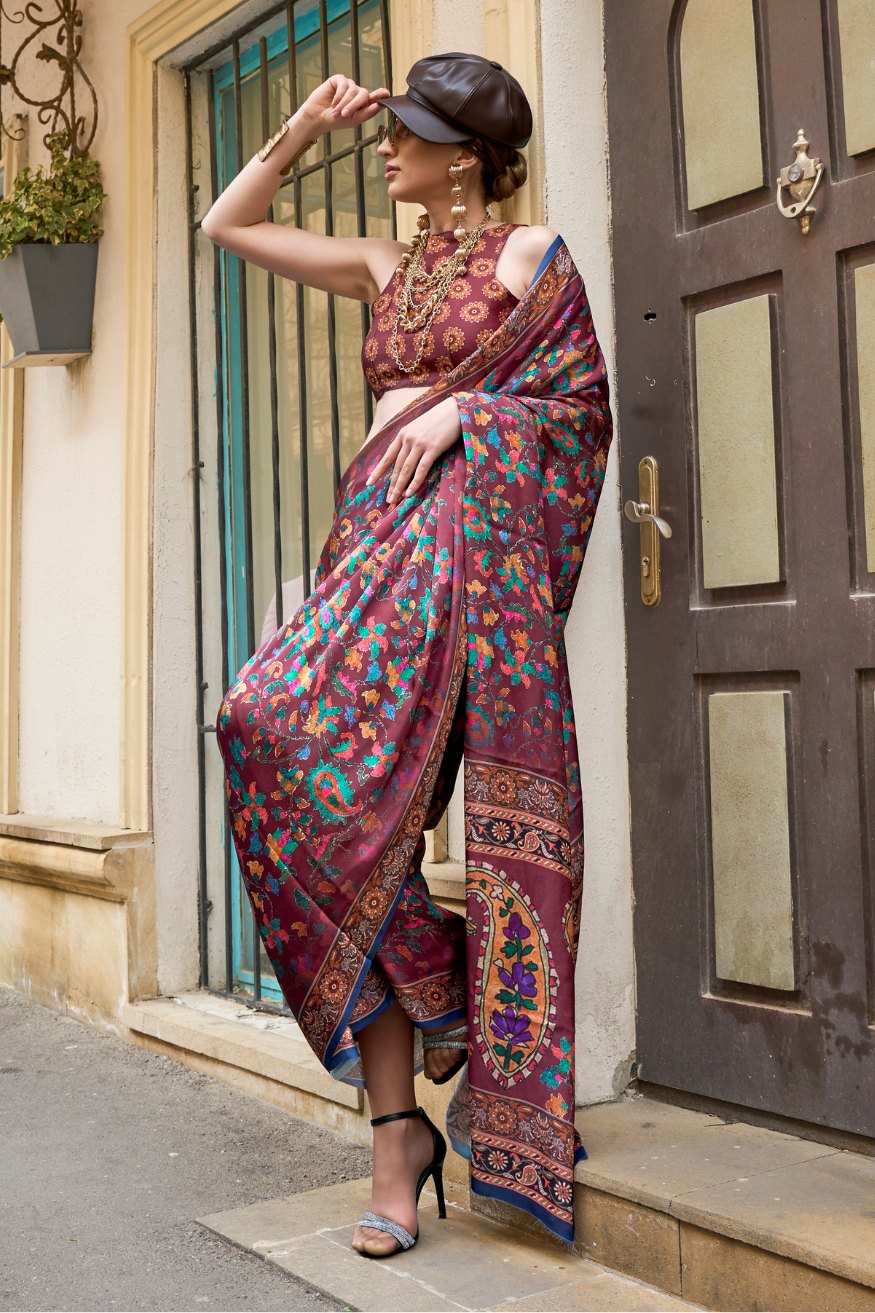 Camelot Brown Satin Silk Saree