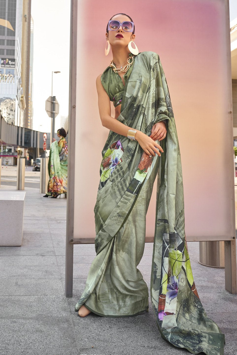 Flax Smoke Green Digital Printed Satin Silk Saree