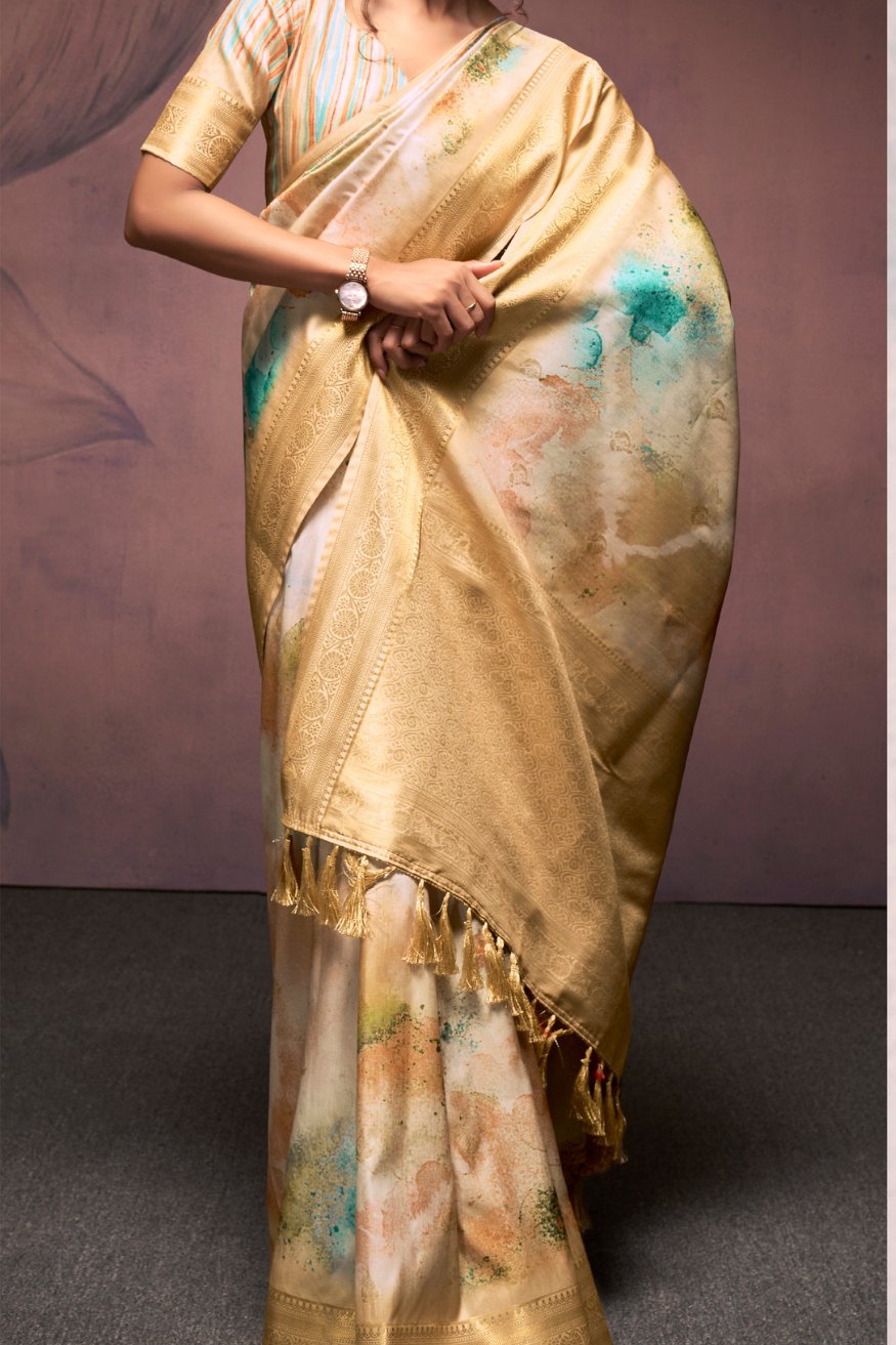 Calico Cream Banarasi Digital Printed Silk Saree