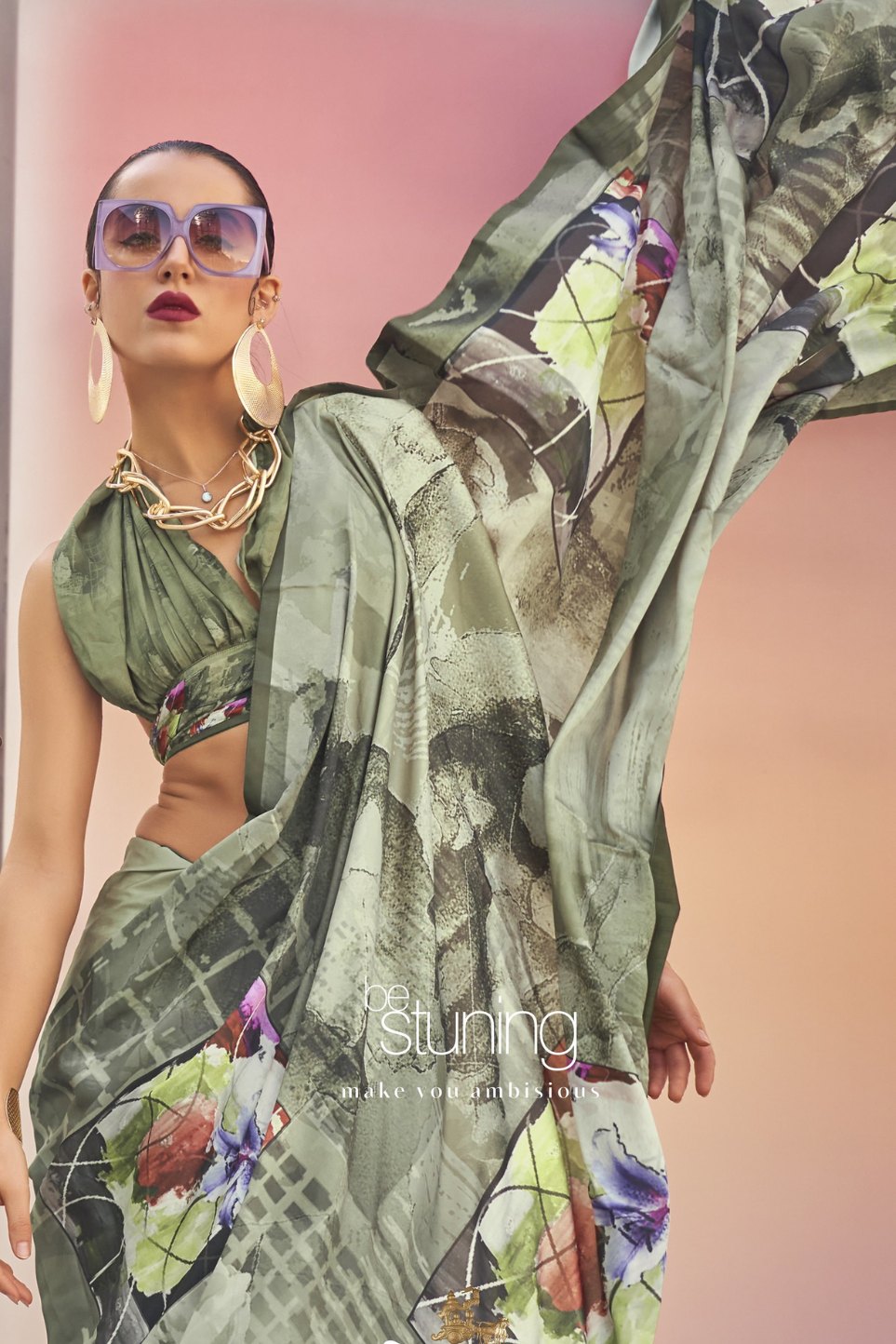 Flax Smoke Green Digital Printed Satin Silk Saree