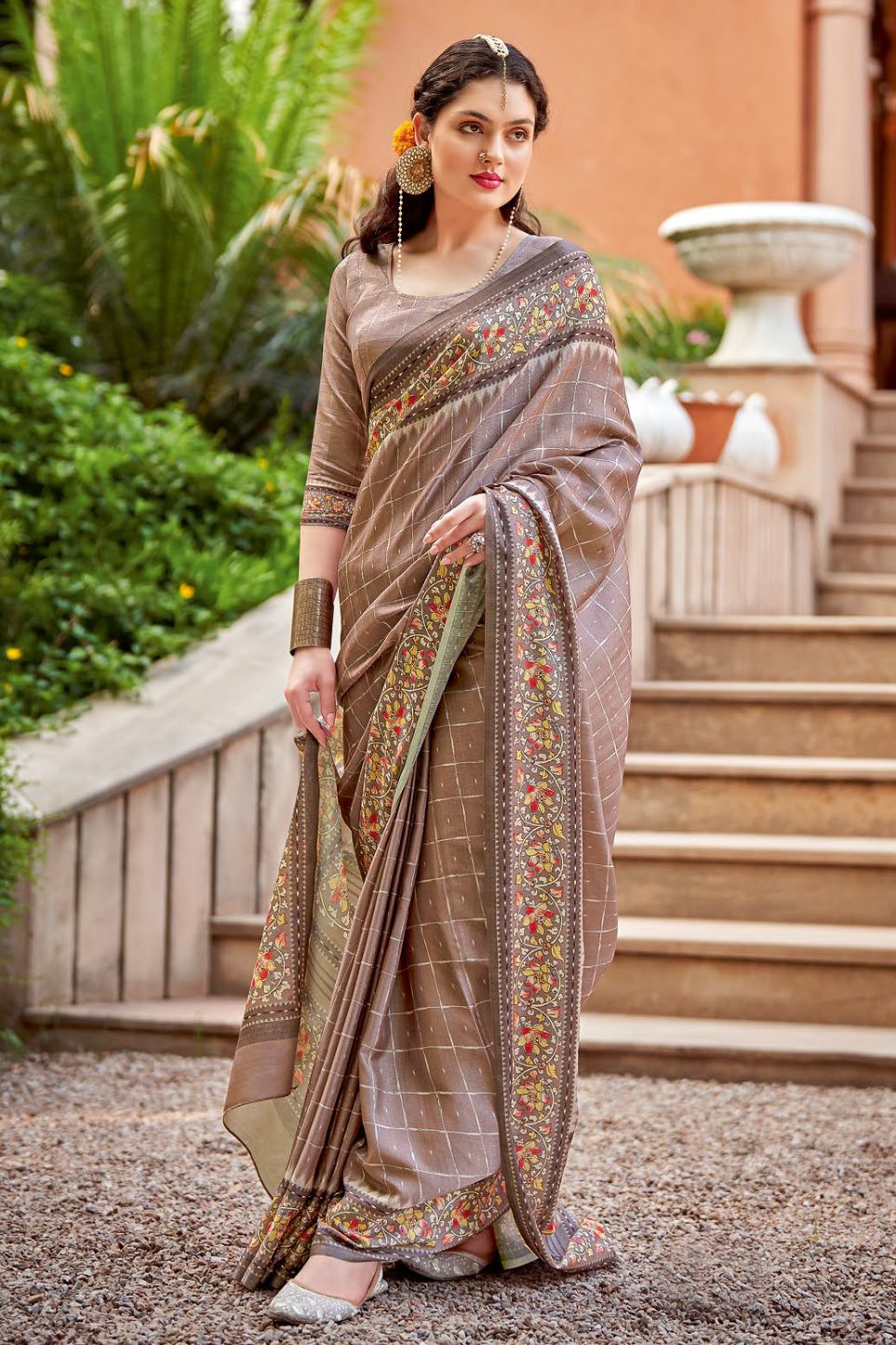 Quicksand Brown Designer Printed Silk Saree