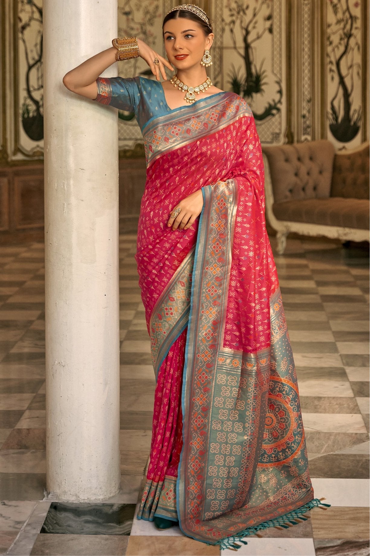 Cardinal Pink Woven Patola Silk Saree