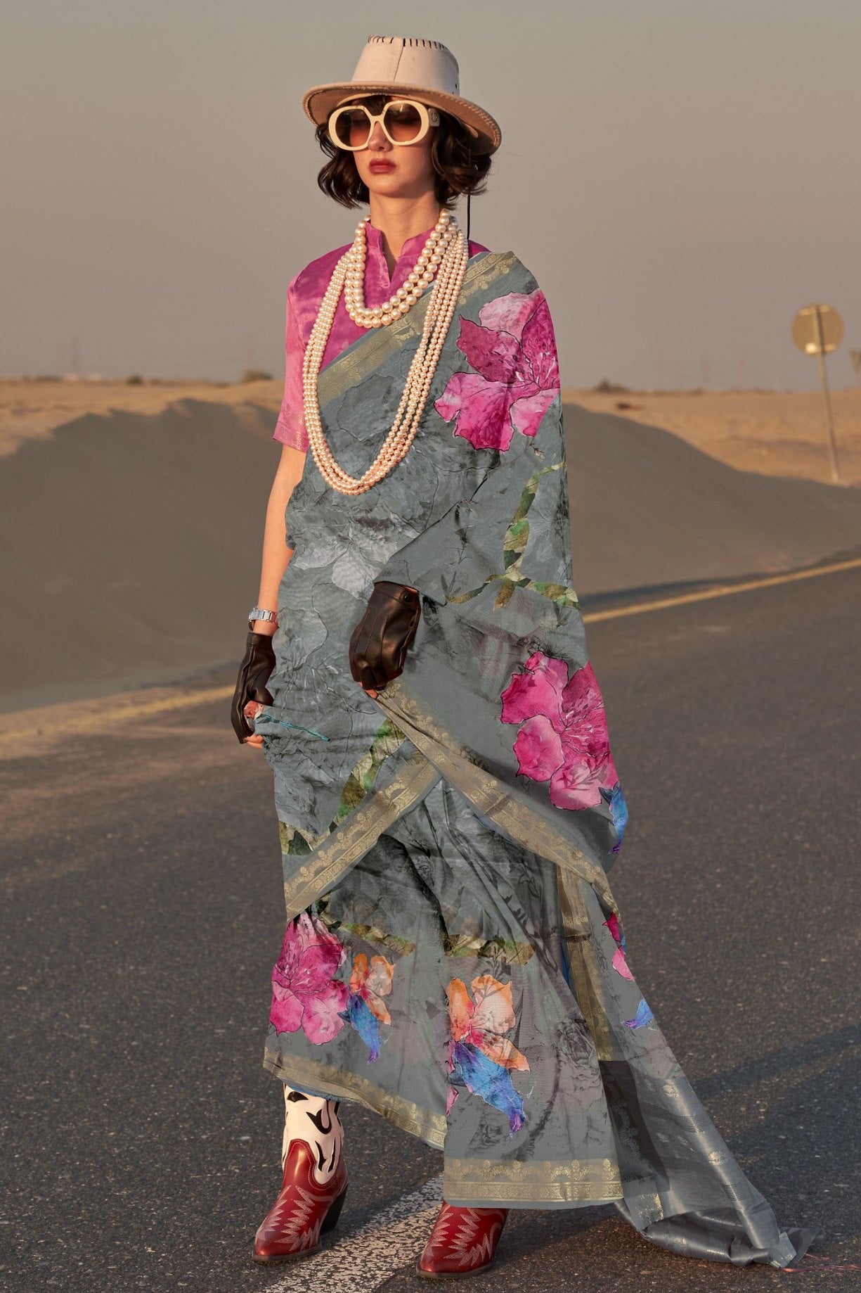 Boulder Grey and Blue Printed Tussar Silk Saree