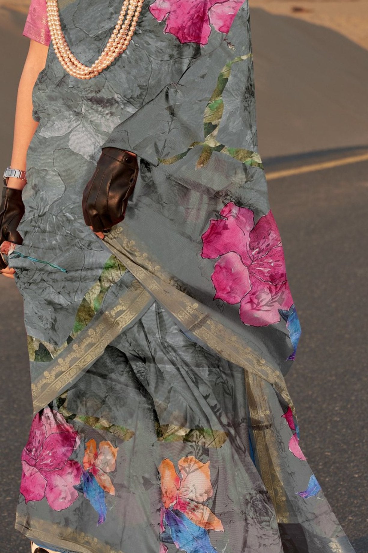 Boulder Grey and Blue Printed Tussar Silk Saree