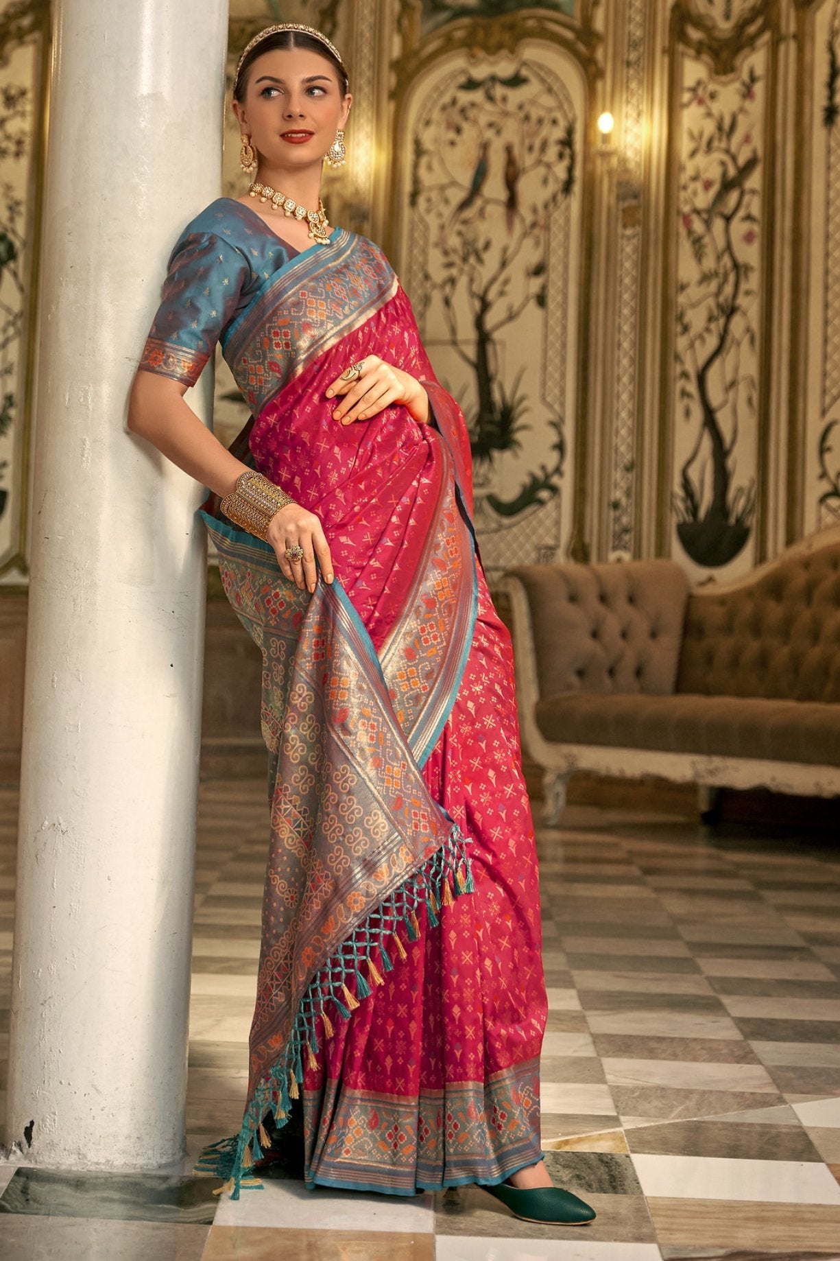 Cardinal Pink Woven Patola Silk Saree