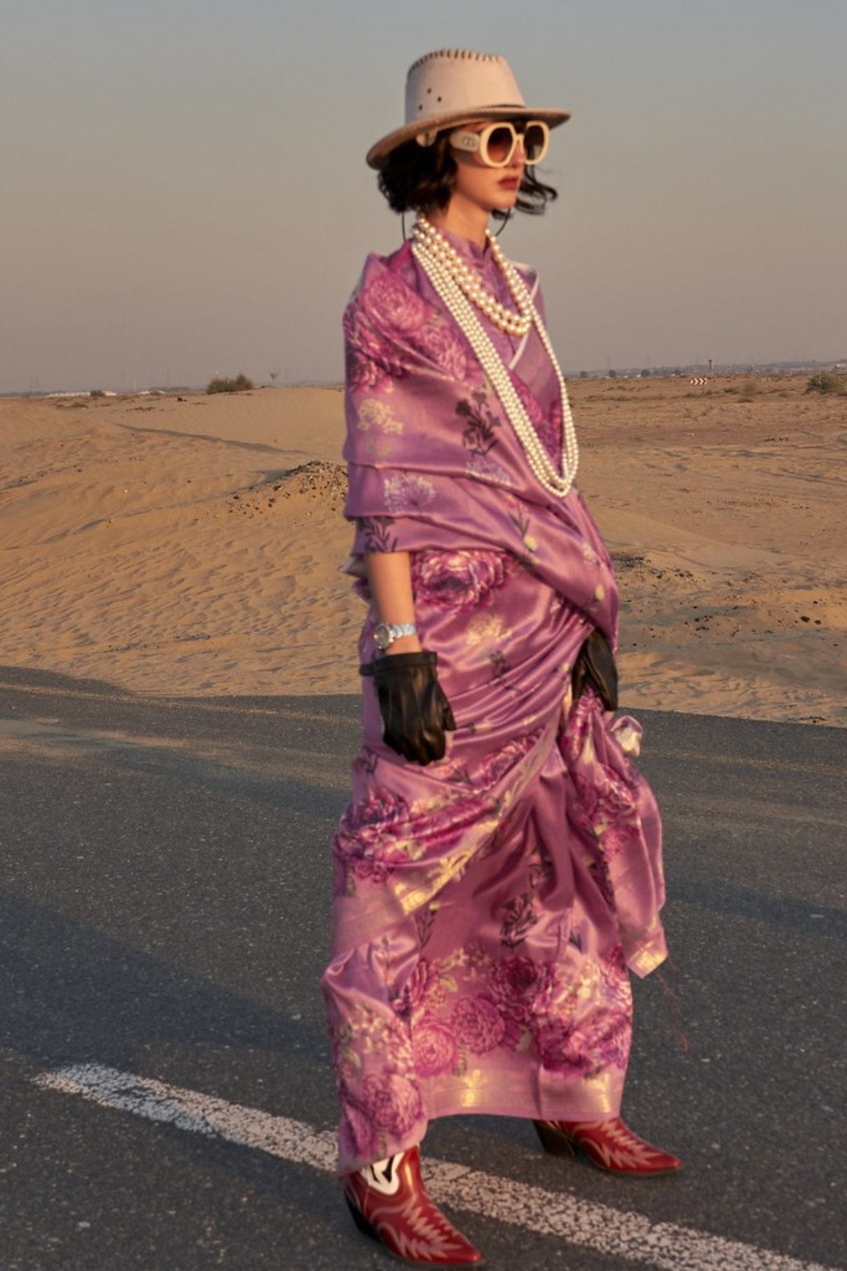 Copper Rust Purple Printed Tussar Silk Saree