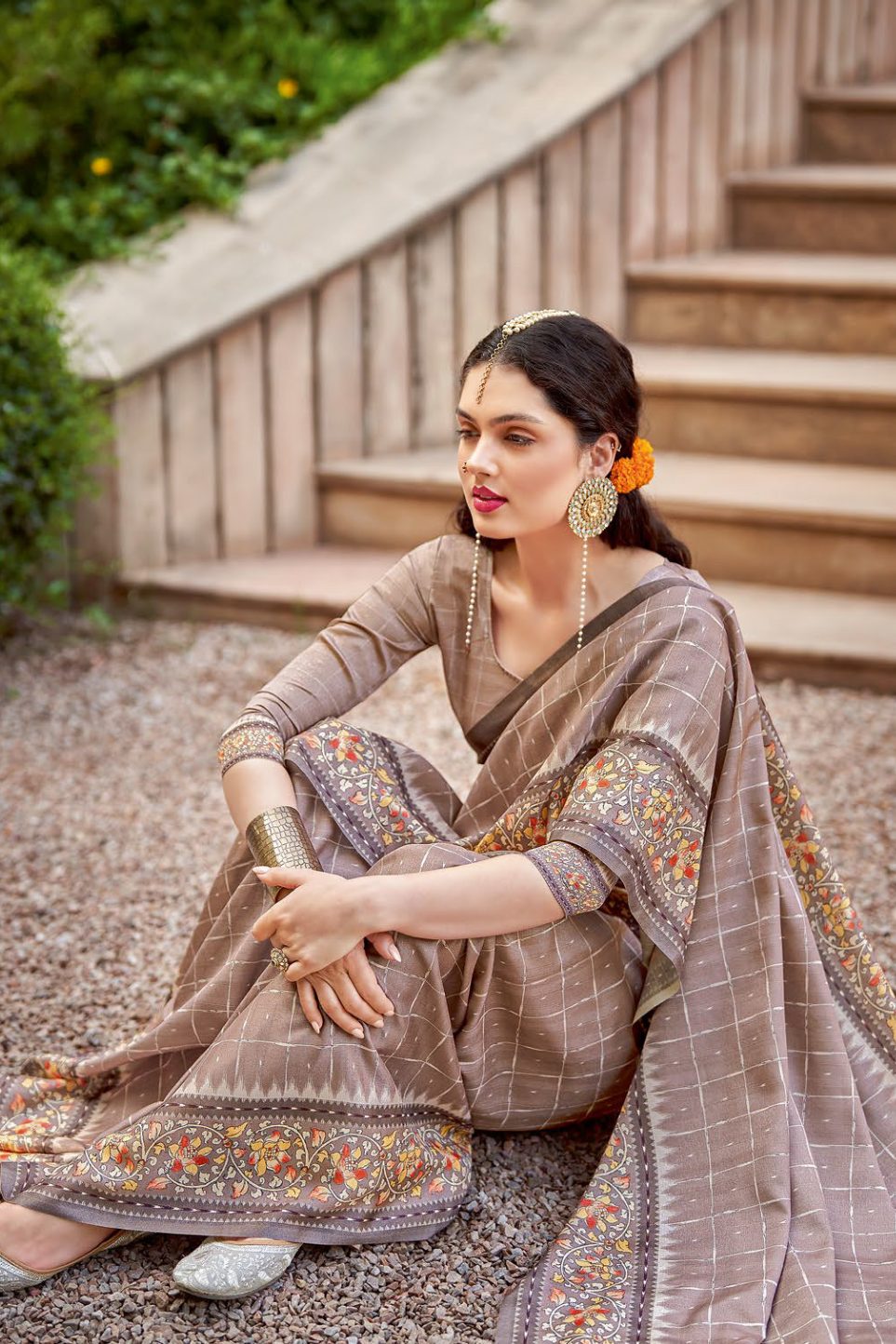 Quicksand Brown Designer Printed Silk Saree