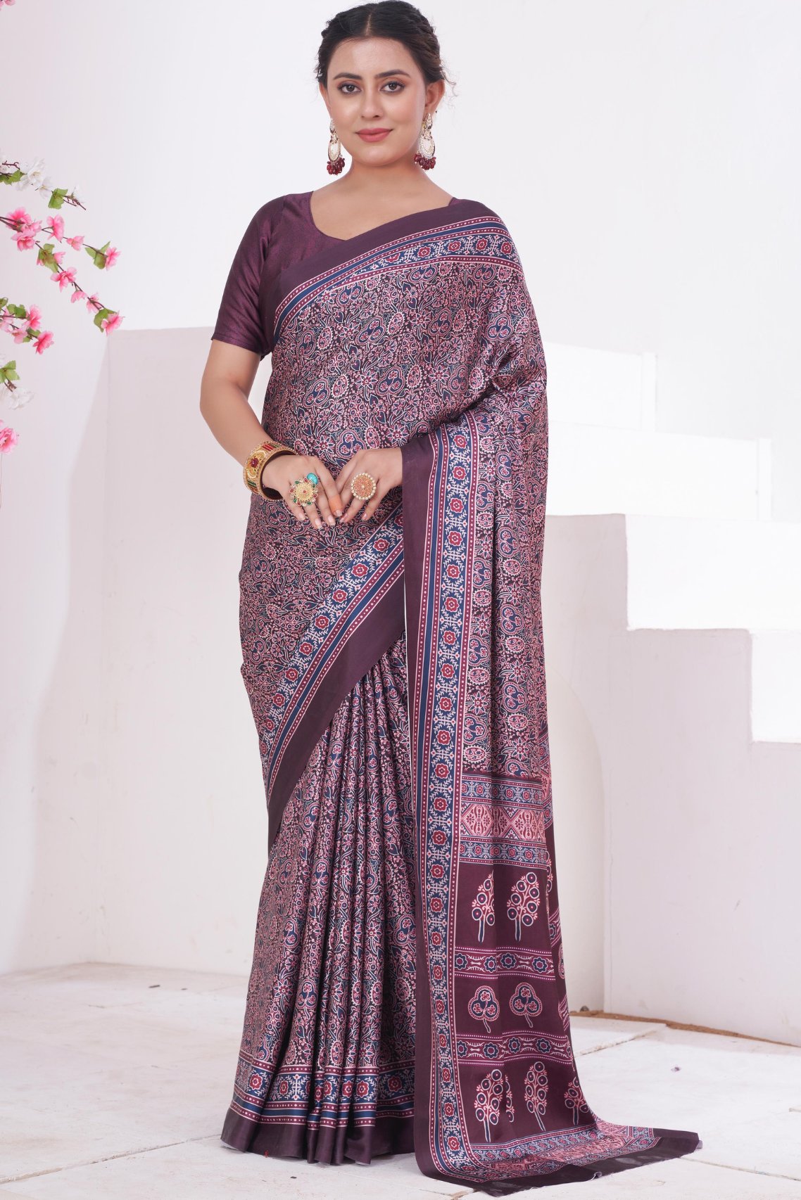 Mountbatten Purple Ajrakh Printed Satin Crepe Saree