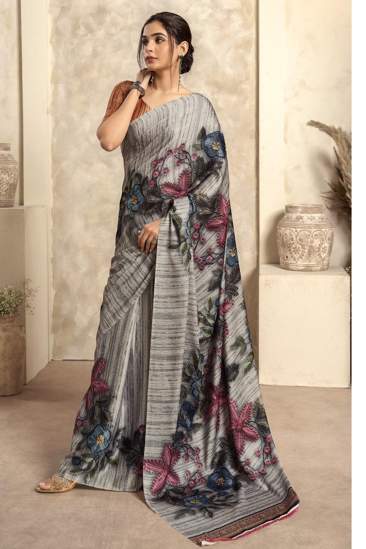 Anchor Grey Printed Satin Silk Saree