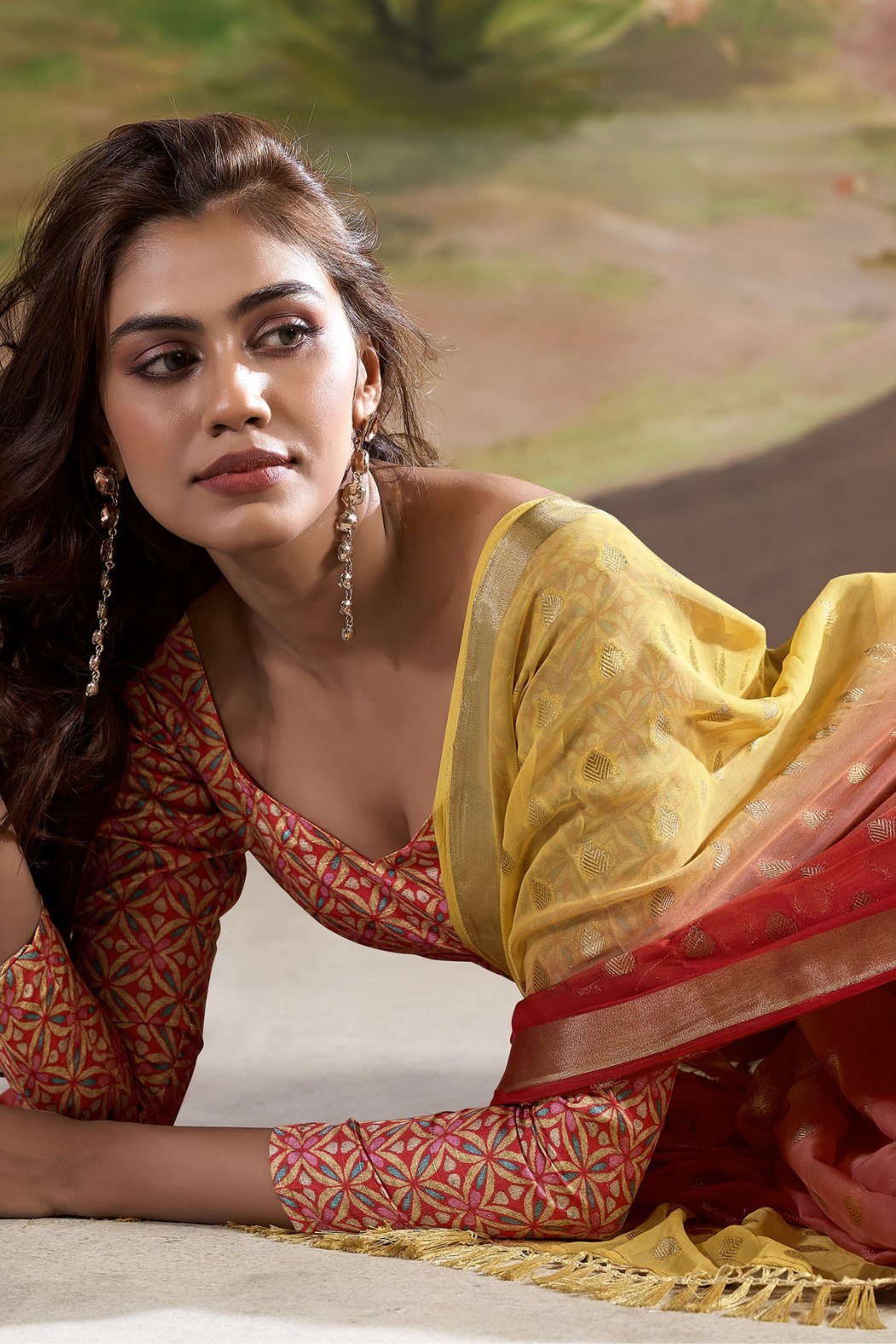 El Salva Brown and Yellow Banarasi Georgette Saree