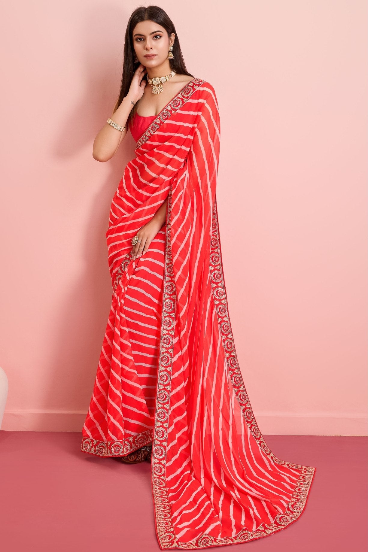 Monza Red Georgette Lehriya Silk saree